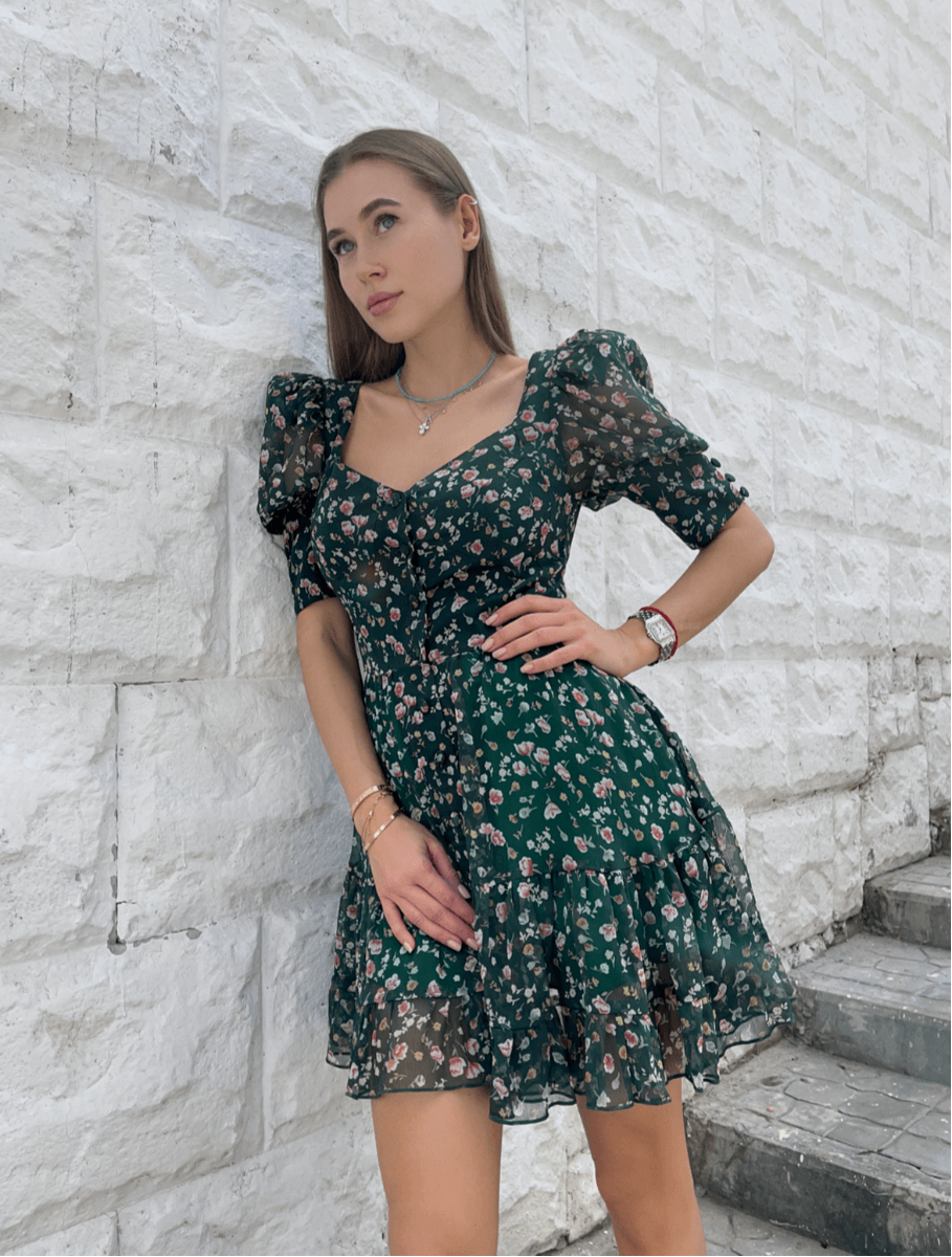 Зеленое шифоновое платье-мини в цветочный принт