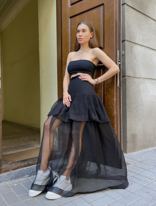 Черная шелковая юбка-миди