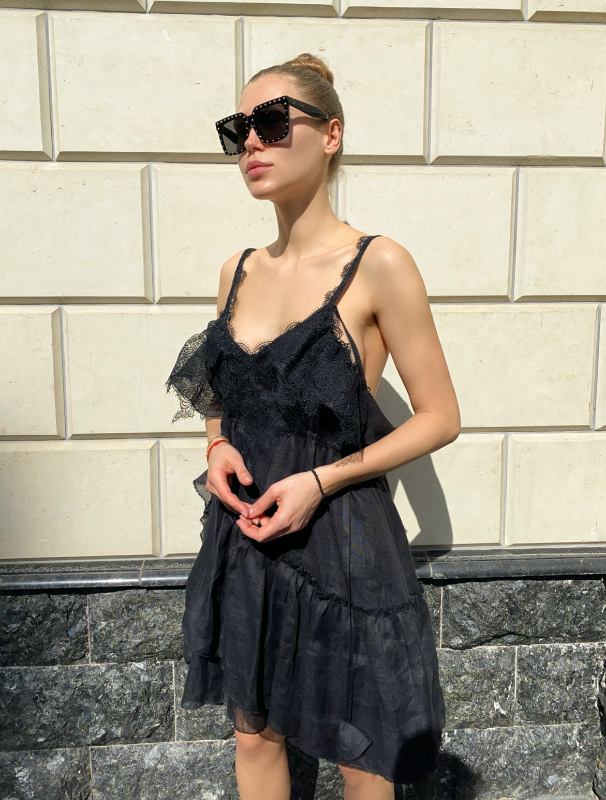 Black linen mini sundress with lace
